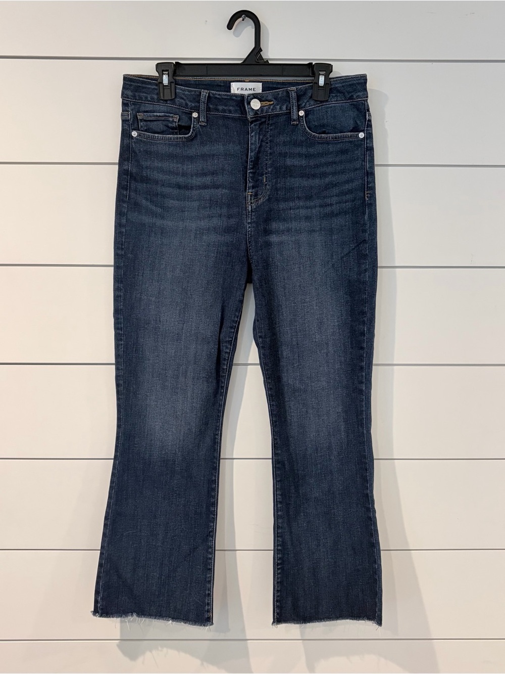 FRAME Le Crop Mini Boot Raw Hem Jeans Quiet Luxury 30 Flare Y2K Model Off Duty